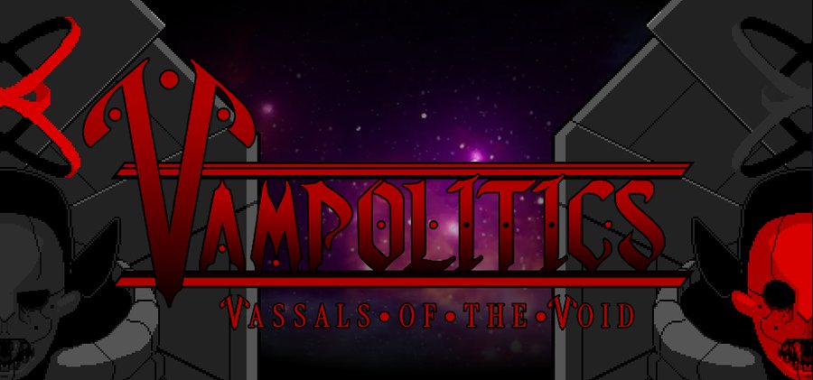 Alternate header: the logo between two masked vampire sovereigns