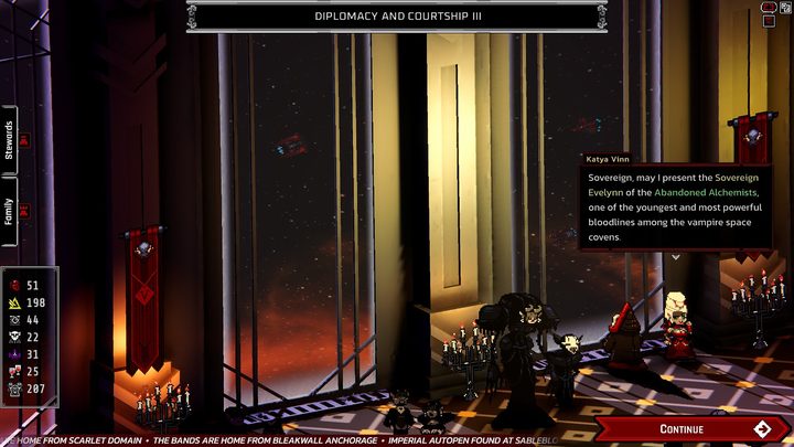 A courtier presents an heir of the Abandoned Alchemists to the Sovereign in a gold-lit throne hall