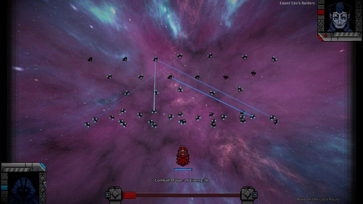 Raider ships close on the Sovereign's fleet across a violet nebula