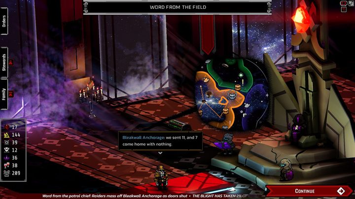 A holographic sector map hangs over the throne room as a field report comes in