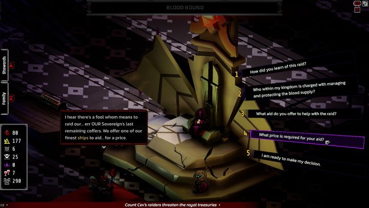 Five numbered dialogue choices laid out beside the throne