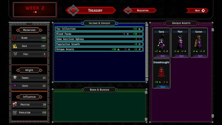 The treasury screen with reserves, income and upkeep, and unique assets