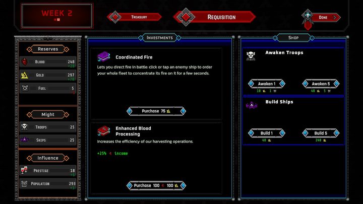 The requisition screen with investments, troop awakening and shipbuilding