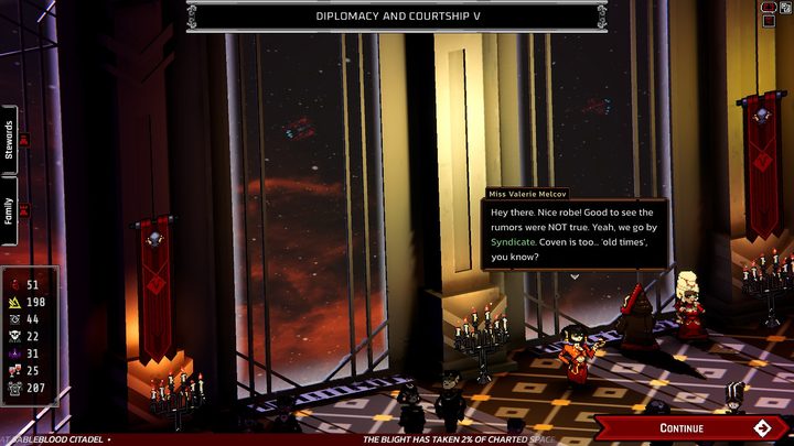An envoy of the Syndicate greets the Sovereign in the gold-lit throne hall