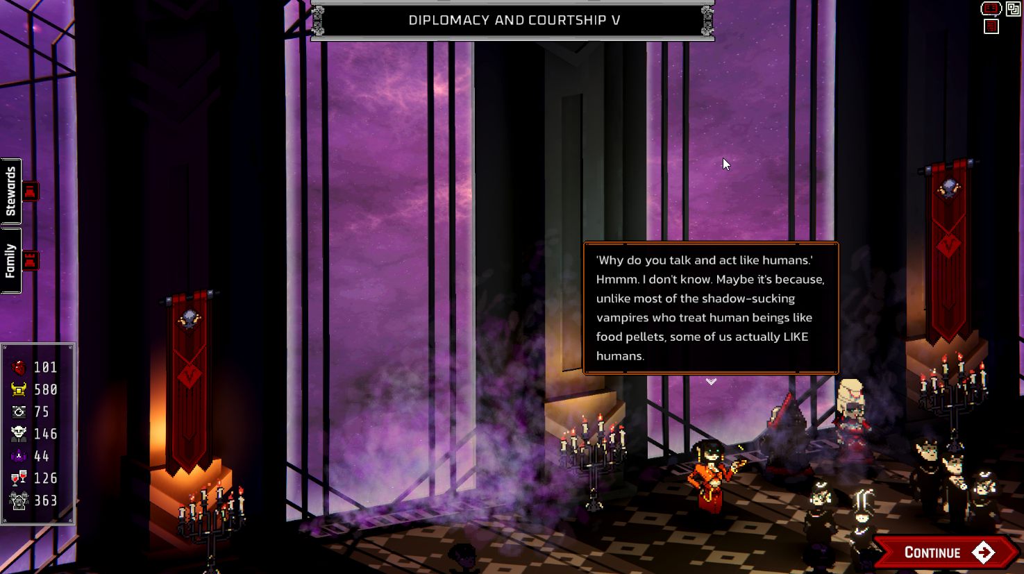 The court gathered in a violet hall hung with house banners, the nebula beyond the windows
