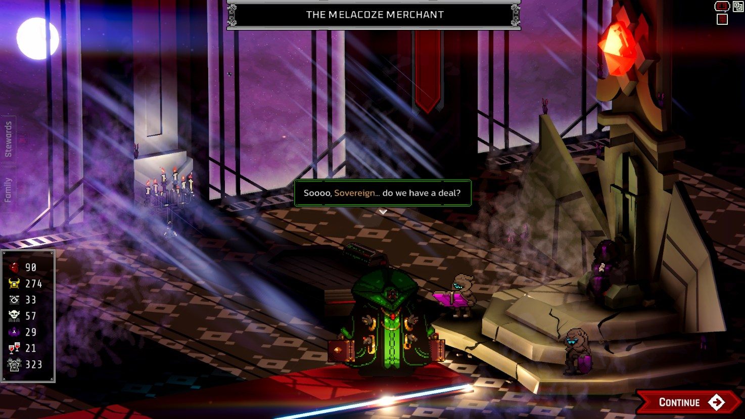 The Melacoze Merchant putting a deal to the Sovereign at the foot of the dais