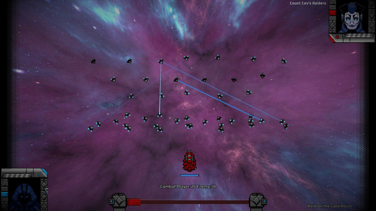 The Sovereign's fleet fights Count Cev's raiders across a violet nebula