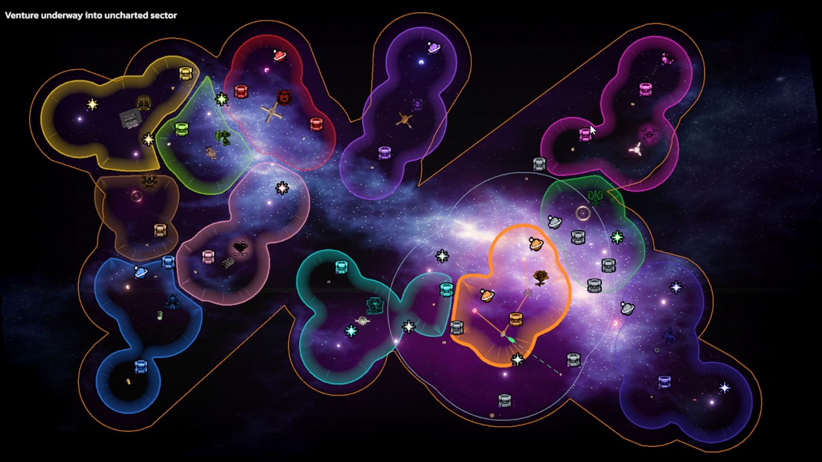 The Vaal Sector map with twelve coloured house territories over a violet nebula